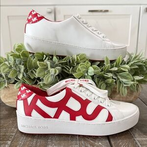 NWT Michael Kors Poppy Graphic Logo Leather Sneakers - White/Red - Size 7 1/2